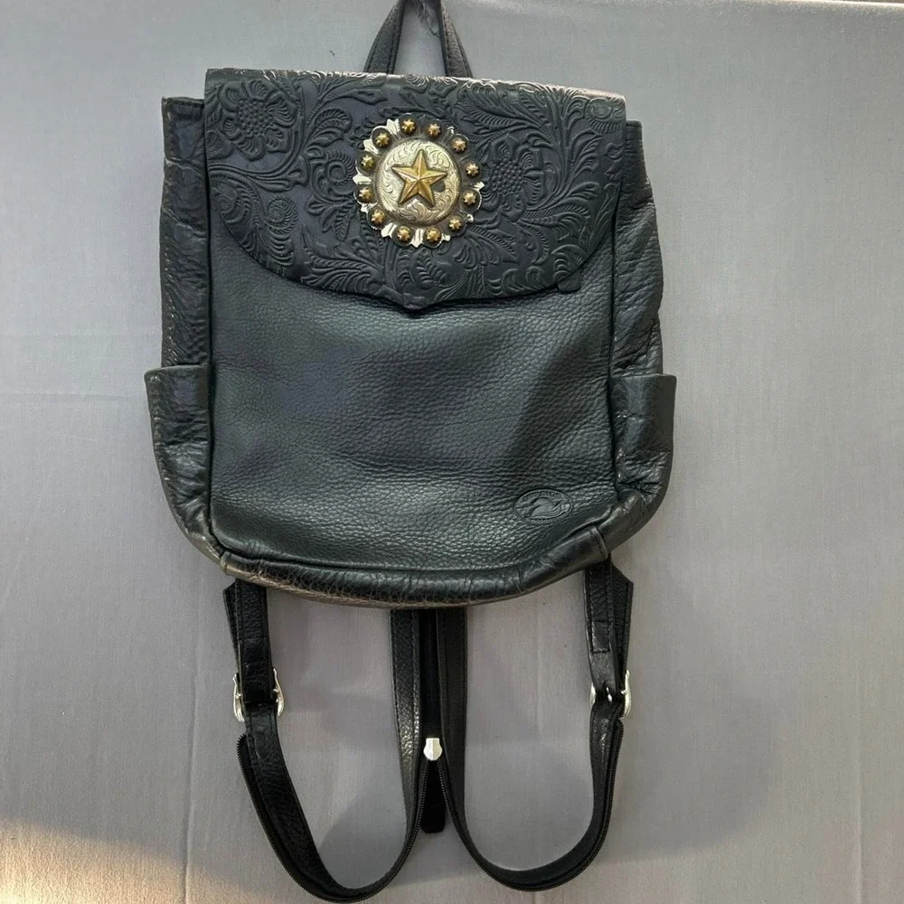 VTG Sergio's Collection Black Leather Backpack Purse Western Concho Tooled BOHO
